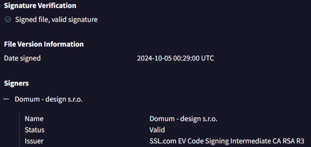 EV Certificate parsed in VirusTotal