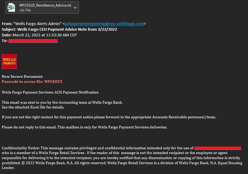 Email from Wells Fargo’s CEO with malicious attachment