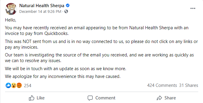 Phishing campaign Natural Health Sherpa